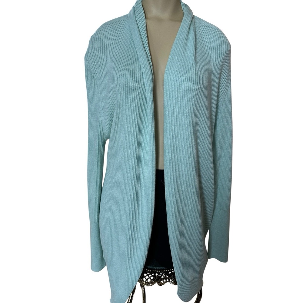 Leith‎ Long Cardigan Open Front Ribbed Knit Women's Small Mint Green Taper Waist